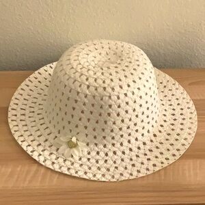 White Woven Hat with Flower Accent